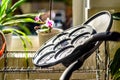 Black pancake smile frying pan on plate drainer rack in kitchen Royalty Free Stock Photo