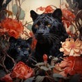 Black panther and black jaguar with red flowers. Digital painting.