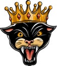 Black panther with crown on his head and open mouth, on white background Royalty Free Stock Photo