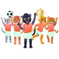 The black panther girl with goblet, and the team of snow leopard, cougar, lion and jaguar is on the white background