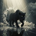 A black panther with glowing eyes strides forward against a dramatic backdrop of Royalty Free Stock Photo