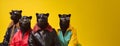 black panther in a group, vibrant bright fashionable outfits isolated on solid background advertisement