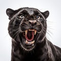 Black panther, predatory angry scary leopard growls and bares its fangs, head close-up isolated on white