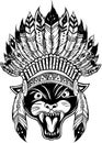 monochrome Black panther, puma. Head of animal. Wild cat portrait. Indian headdress with feathers.