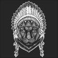 Black panther, puma. Indian tribal traditional headdress with feathers. Wild cat portrait.