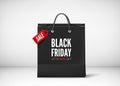 Black paper bag with tag Sale and text. Black friday banner template. Vector illustration isolated on transparent background Royalty Free Stock Photo