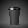 Black paper coffee cup with lid. Coffee to go empty mock up. Vector illustration isolated on black background Royalty Free Stock Photo