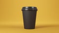 Black paper coffee cup with lid on yellow background. 3D rendered mockup.