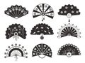 Black paper fans. Vintage chinese monochrome silhouettes, different shapes, decorative traditional souvenirs, beautiful Royalty Free Stock Photo