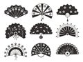 Black paper fans. Vintage chinese monochrome silhouettes, different shapes, decorative traditional souvenirs, beautiful asian Royalty Free Stock Photo