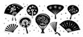 Black paper hand fans. Chinese souvenirs. Traditional accessories. Vintage oriental design. Cultural objects with flower