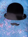 Black paper mustache, hat Mock up against blue background, Copy space Top view Gentleman card, Fathers Day concept Royalty Free Stock Photo