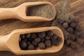 Black papper in spoon on the wooden cutting board on white background Royalty Free Stock Photo