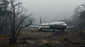 Black Passenger Airliner Landing Near Post-apocalyptic Ruins