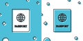 Black Passport with biometric data icon isolated on blue and white background. Identification Document. Random dynamic