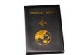 Black passport book with a plane and the globe earth on its cover, travel and tourism concept, universal passport book to protect Royalty Free Stock Photo