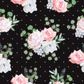 Black pattern with bouquets of rose, peony, anemone, brunia flowers and eucaliptis leaves.