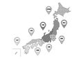 Black pattern Japan map. Vector illustration. Maps and icons divided by region