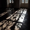 Black patterned shadow on light house floor on sunny day. Dark shade indoors Royalty Free Stock Photo