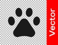 Black Paw print icon isolated on transparent background. Dog or cat paw print. Animal track. Vector Royalty Free Stock Photo