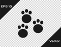 Black Paw print icon isolated on transparent background. Dog or cat paw print. Animal track. Vector Royalty Free Stock Photo