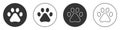 Black Paw print icon isolated on white background. Dog or cat paw print. Animal track. Circle button. Vector Royalty Free Stock Photo