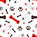Black Paw Prints, Bone With Red Heart Seamless Pattern For Fabric Design Background