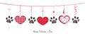 Black paw prints with hanging retro beautiful hearts Royalty Free Stock Photo