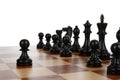 Black pawn in front of other chess pieces on wooden board against white background Royalty Free Stock Photo