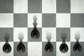 Black pawn with the shadow of the queen, in front of the pawns. Top view. Leadership concept. Strength and aspirations Royalty Free Stock Photo