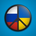 Black Peace icon, badge, magnet. Pacific logo, sign. Russian and ukrainian flags. Military confrontation between Russia