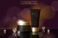 Black pearl cosmetic ad design template. Dark golden skin care package tube glass reflection. Purple blurry defocuced