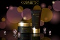 Black pearl cosmetic ad design template. Dark golden skin care package tube glass reflection. Purple blurry defocuced background p