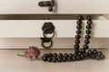 Black pearls necklace in a wooden casket Royalty Free Stock Photo