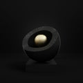 Black pedestal with abstract gold sphere in halfshell on dark postament on dark background. Minimalism concept Royalty Free Stock Photo