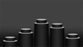 Black pedestal cylinder circle five steps for cosmetics showcase, 3d podium circle stage black grey color, platform 5 steps for