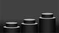 Black pedestal cylinder circle 3 steps for cosmetics showcase, 3d podium circle stage black grey color, platform three steps for