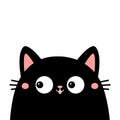 Black peeking cat face head silhouette. Cute cartoon character. Kawaii funny baby pet animal. Pink ears, tongue, nose, cheeks.