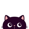 Black peeking cat face head silhouette looking right side. Cute cartoon character. Kawaii funny animal. Baby card. Pet collection