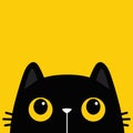 Black peeking kitten face with big yellow eyes. Cat head silhouette. Cute cartoon character. Kawaii funny animal. Baby greeting