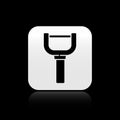 Black Peeler icon isolated on black background. Knife for cleaning of vegetables. Kitchen item, appliance. Silver square