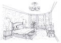 Black and white illustration of a large bedroom furnished in a contemporary style.