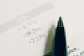 Black pen on printed nuber of financial investment percentage re Royalty Free Stock Photo