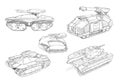 Black Pencil Concept Art Drawing of Set of Sci-fi Future Military Tank Designs