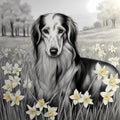 Afghan hound in a meadow in daffodils Royalty Free Stock Photo