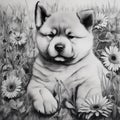 Akita puppy in gerberas in a meadow