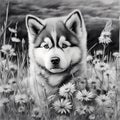 Alaskan Malamute puppy in flowers in a meadow Royalty Free Stock Photo