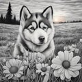 Alaskan Malamute in flowers in a meadow at sunset Royalty Free Stock Photo