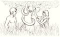 Adam and Eve near the tree of the knowledge of good and evil. Pencil drawing Royalty Free Stock Photo