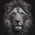 Black pencil ink drawing of a majestic lion with large mane portrait